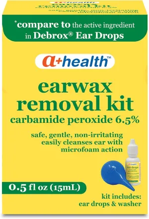 A  Health Earwax Removal Kit, Carbamide Peroxide 6.5%, Made in USA, Drops and Ear Bulb Syringe, 0.5 Ounces