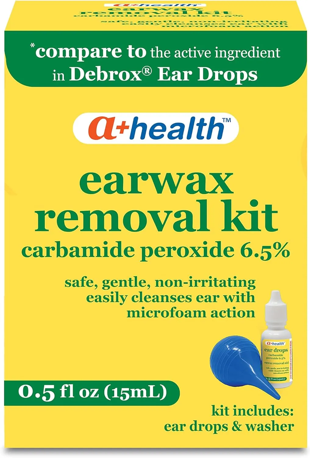 A  Health Earwax Removal Kit, Carbamide Peroxide 6.5%, Made in USA, Drops and Ear Bulb Syringe, 0.5 Ounces