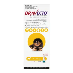 Bravecto Flea & Tick Treatment for Dogs 2-4.5kg Yellow Spot On 1 Pack