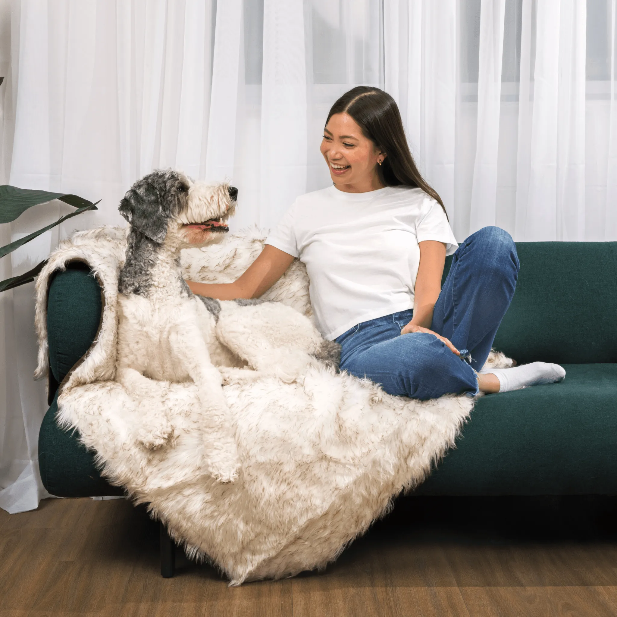 PupCloud™ Human-Size Dog Bed   Matching Waterproof Blanket Bundle - White with Brown Accents