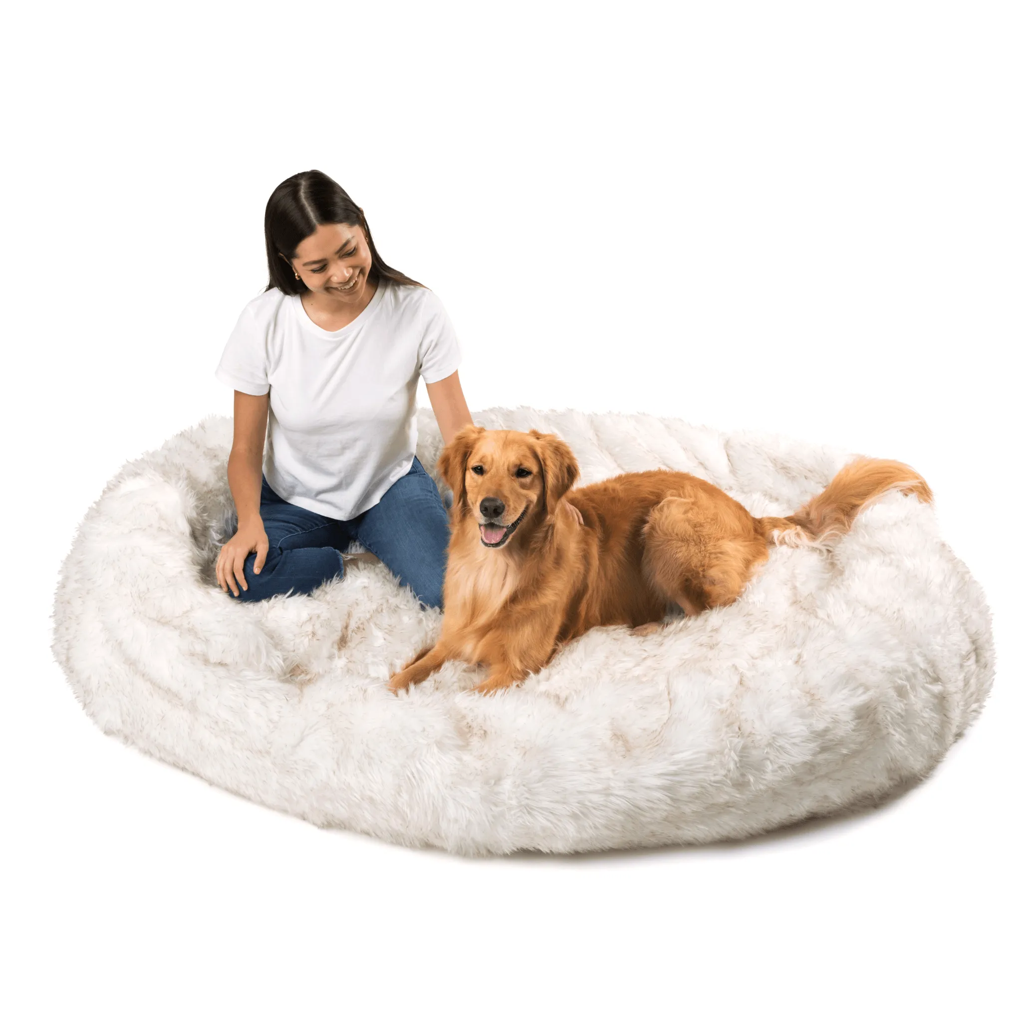 PupCloud™ Human-Size Dog Bed   Matching Waterproof Blanket Bundle - White with Brown Accents