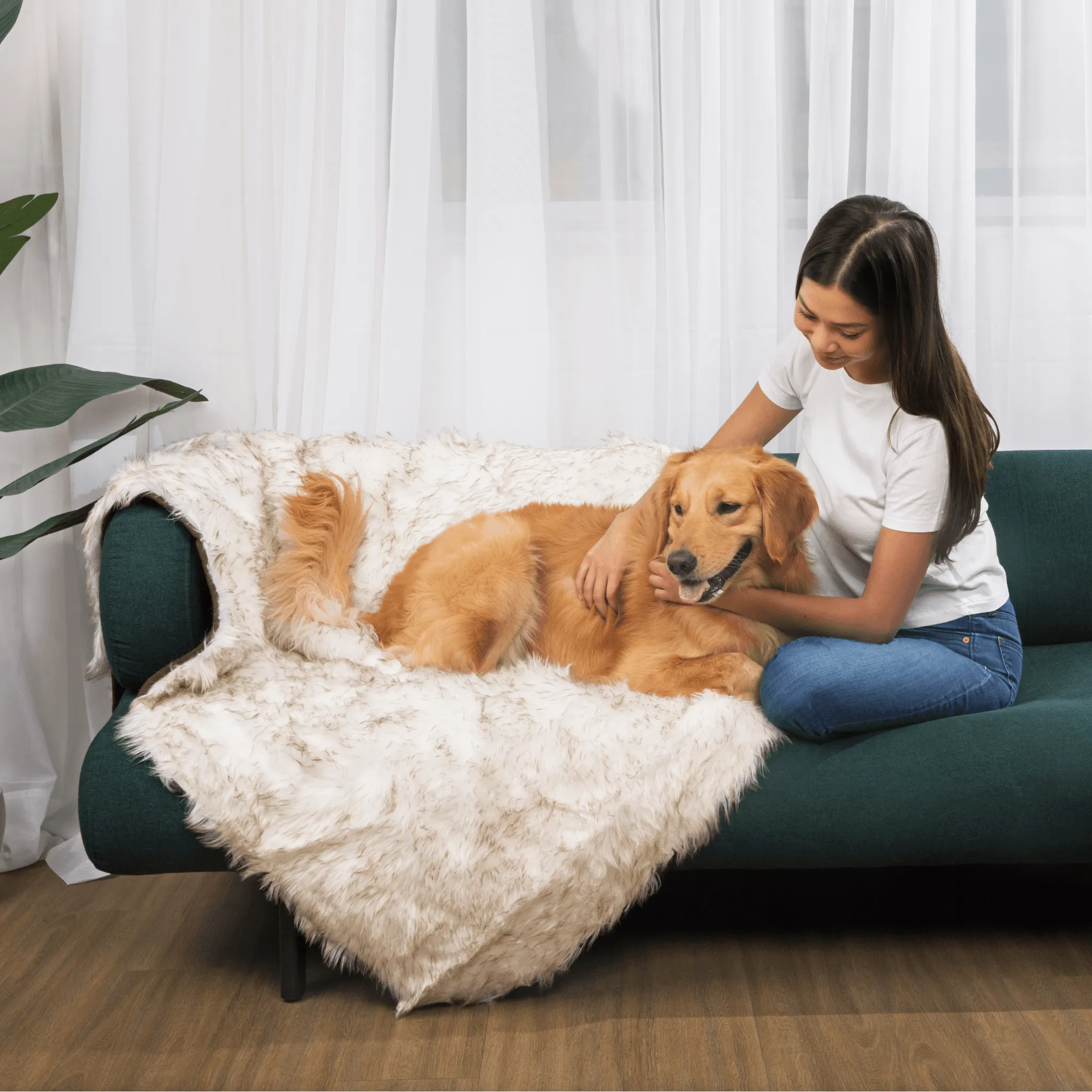 PupCloud™ Human-Size Dog Bed   Matching Waterproof Blanket Bundle - White with Brown Accents