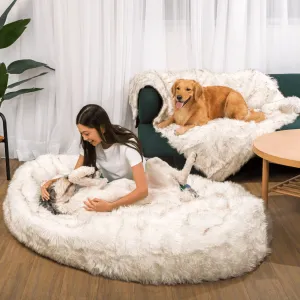 PupCloud™ Human-Size Dog Bed   Matching Waterproof Blanket Bundle - White with Brown Accents