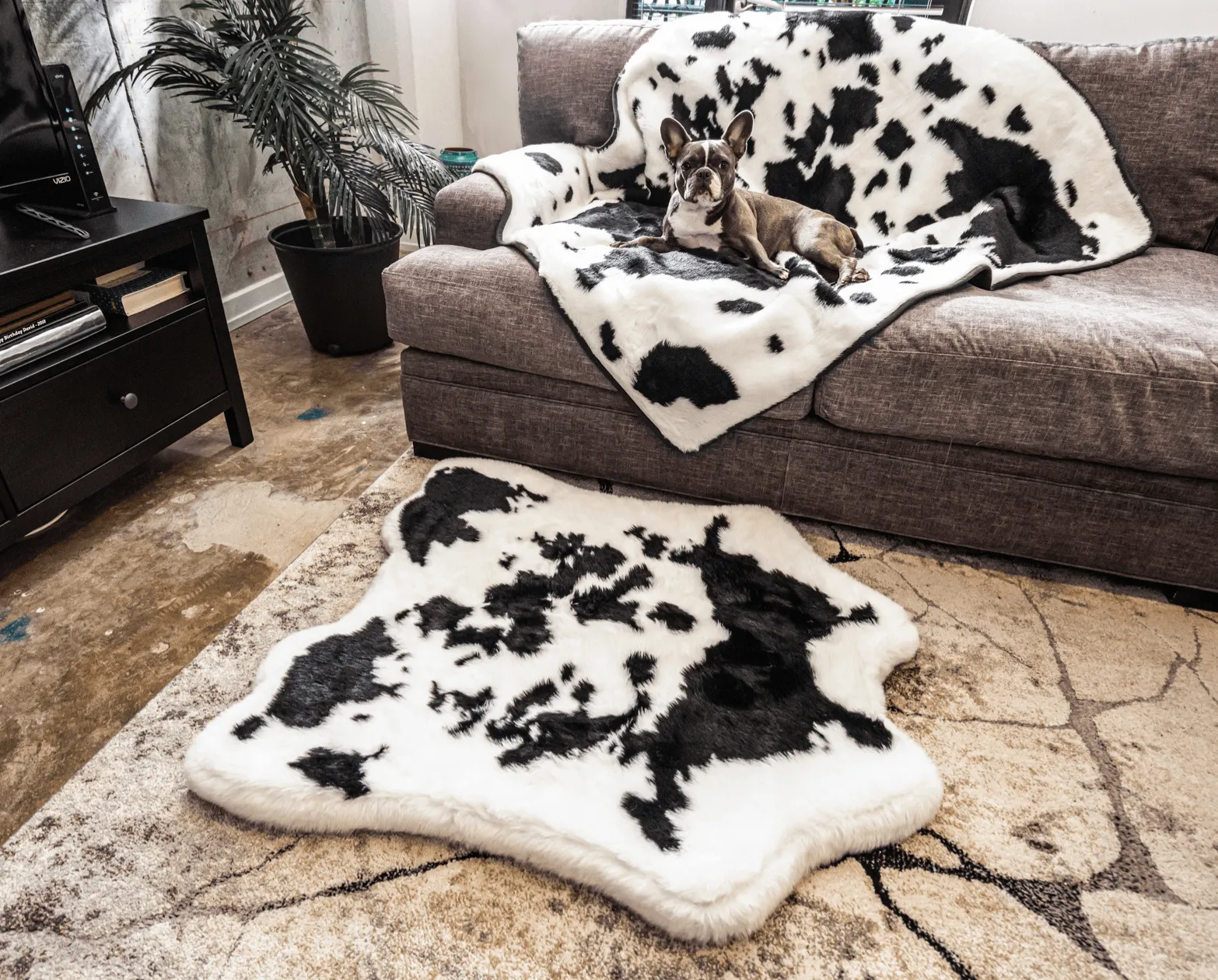 PupRug™ Junior Memory Foam Bed   Matching Waterproof Blanket Bundle - Black Faux Cowhide