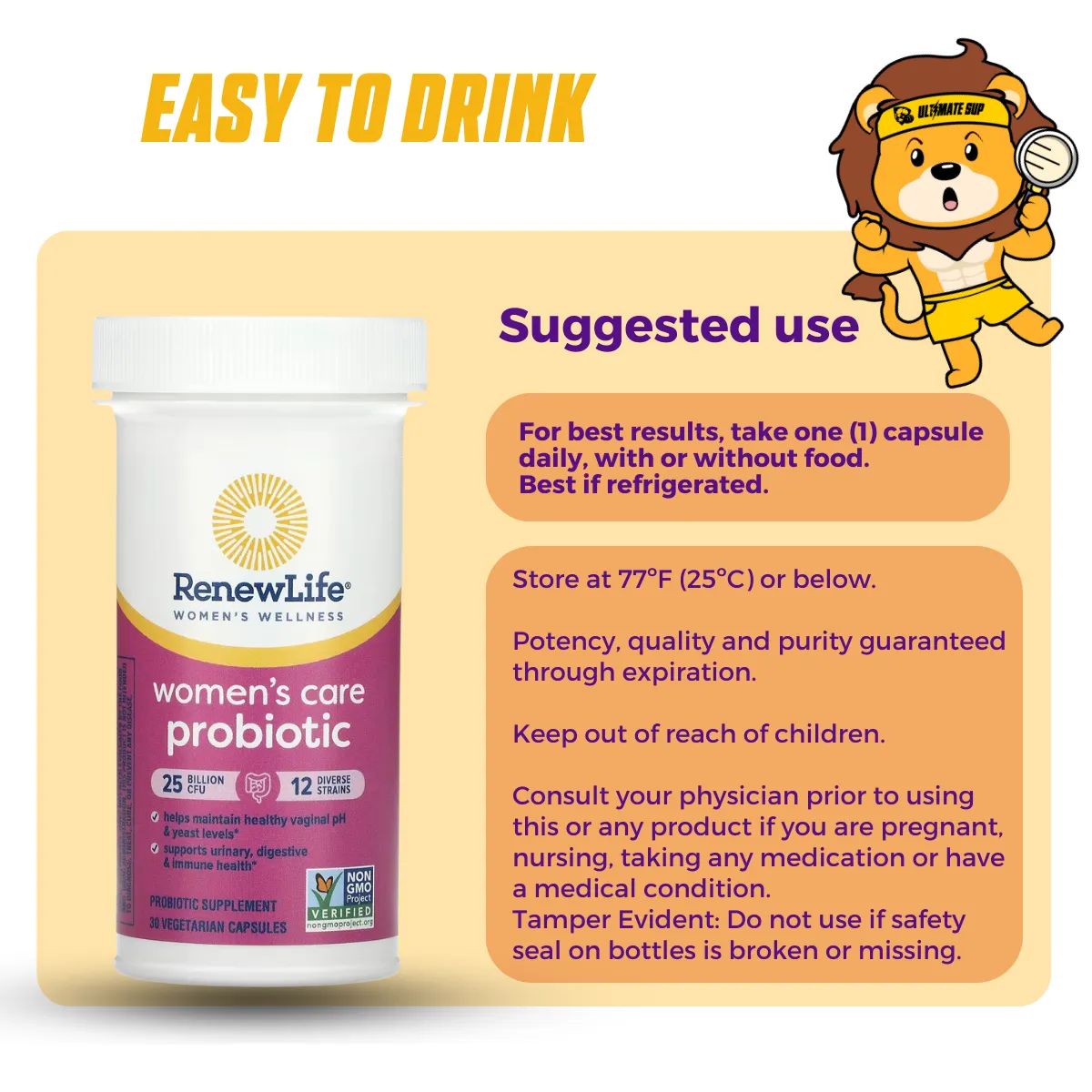 Renew Life, Women's Care Probiotic, 25 Billion CFU, Support Digestive & Immune Health, 30 Vegetarian Capsules