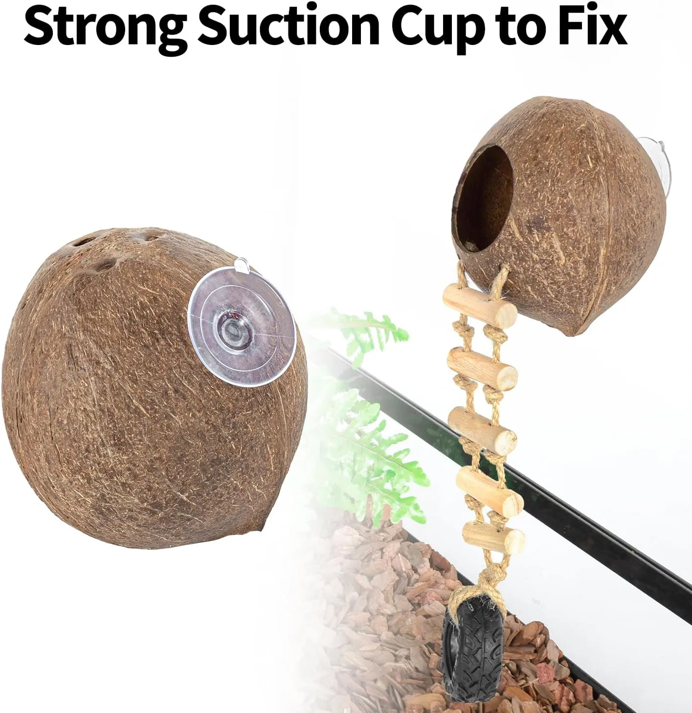 REPTIZOO Hermit Crab Coconut Shell Hideout, Leopard Gecko Hide Cave with Ladder, Reptile Coco Hut Cave Habitat with Suction Cup Terrarium Décor for Crested Gecko,Hermit Crab, Lizard, Leopard Gecko