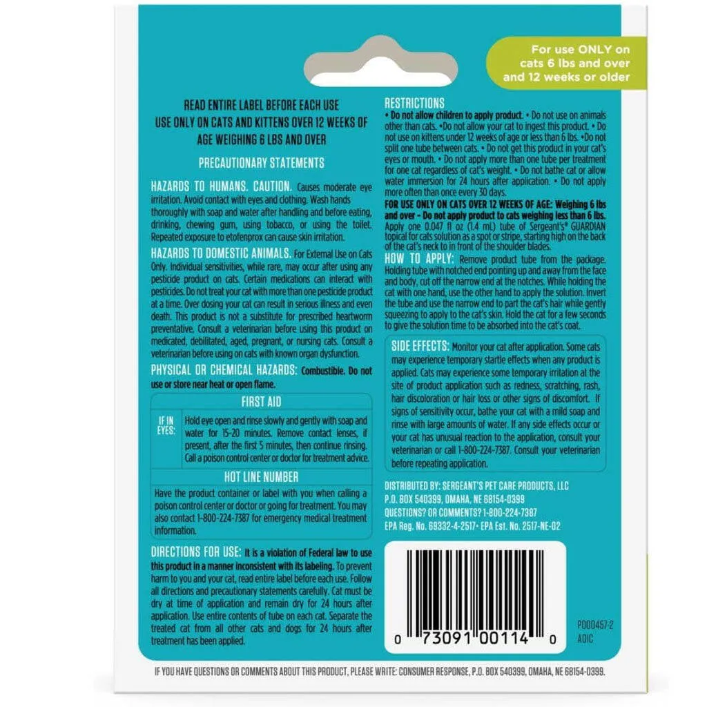 Sergeant's Guardian Topical for Cats 6 lbs and over, 3-month supply